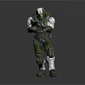 Futuristic Character In Green White Armor Holding Gun As Sci Fi Warrior Creature