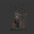 Cartoon Scene with Fantasy Wooden Cottage on Green Base and Flying Birds Around Ropes Pulleys