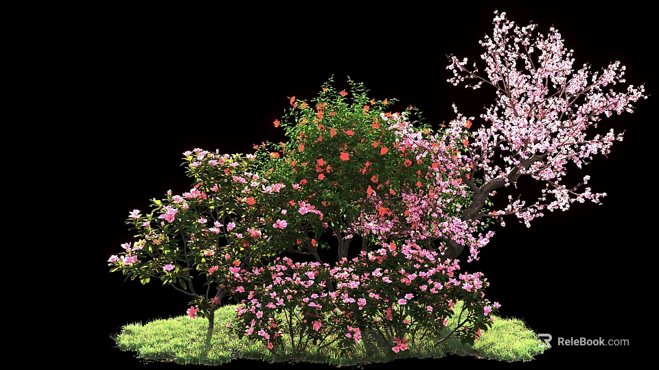 Lush Flowering Shrubs With Pink Red Flowers And Green Leaves Growing In Grass 3d model 