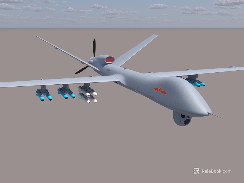 Unmanned Fighter Jet With Long Wings Multiple Missiles Propeller And Red Insignia 3d model 