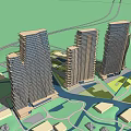 Modern High Rise Buildings in Urban Landscape With Green Spaces Waterway and Roads