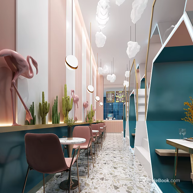 Modern Bubble Tea Shop Interior Design With Flamingo Decor Cactus Plants And Pendant Lights 3d model 