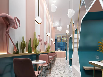 Modern Bubble Tea Shop Interior Design With Flamingo Decor Cactus Plants And Pendant Lights 3d model