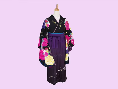 Traditional Black Kimono With Pink Yellow Floral Patterns Purple Obi And Design 3d model