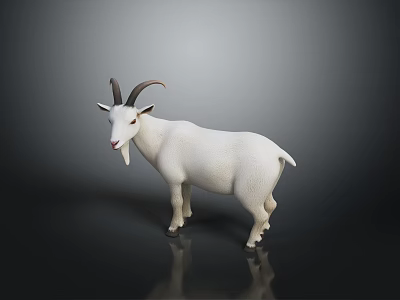 White Goat With Curved Horns Standing On Dark Background With Reflective Surface 3d model