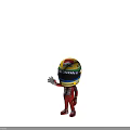 3D Cartoon Character Wearing Red Racing Suit And Yellow Helmet Waving Hand On Red Background