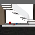 Modern Interior Staircase With White Steps Glass Railing And Colorful Balls On Marble Floor