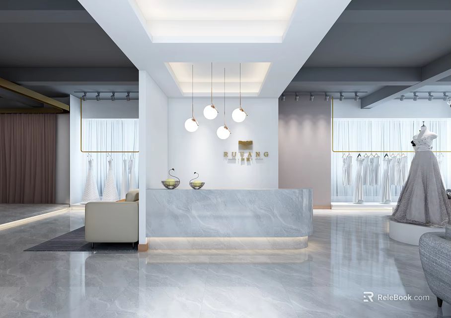 Modern Wedding Dress Shop Interior With Marble Counter Hanging Lights And Wedding Dresses 3d model 