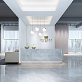 Modern Wedding Dress Shop Interior With Marble Counter Hanging Lights And Wedding Dresses