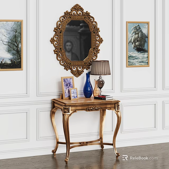 Elegant Golden Console Table with Vase Lamp Photo Frames on White Wall and Mirror Paintings 3d model 