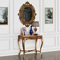 Elegant Golden Console Table with Vase Lamp Photo Frames on White Wall and Mirror Paintings