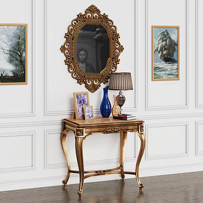 Elegant Golden Console Table with Vase Lamp Photo Frames on White Wall and Mirror Paintings 3d model