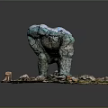 Stone Giant Character With Rocky Texture Kneeling On Debris Covered Ground And Snowy Back