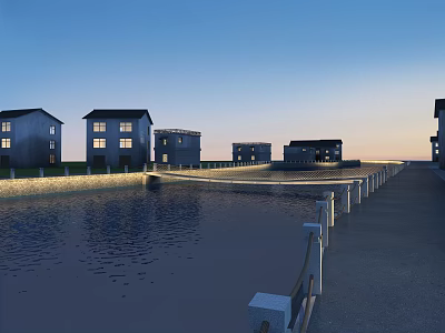 Scenic Modern Bridge Over Calm Water With Buildings And Evening Lights 3d model