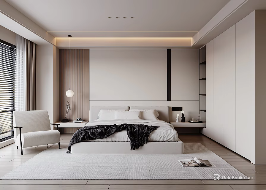 Modern Minimalist Bedroom Interior Featuring White Bed Black Blanket Table Lamp Armchair Rug And Curtains 3d model 