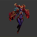 3D Fantasy Warrior Game Character With Red Gold Armor Blue Braided Hair And Purple Mythical Attire