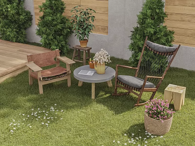 Round Outdoor Table With Wooden Chairs Flower Vase And Books On Green Lawn 3d model