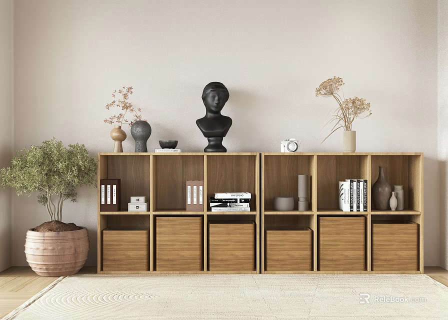 Minimalist Wooden Bookcase With Multiple Compartments Drawers Black Bust Books Vases And Potted Plant 3d model 