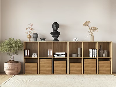 Minimalist Wooden Bookcase With Multiple Compartments Drawers Black Bust Books Vases And Potted Plant 3d model