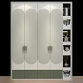 Modern Wardrobe Featuring Curved Doors Round Handles And Open Shelves With Decorative Vases And Figurines