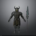 Detailed 3D Warrior Figure With Horned Helmet Armor Leg Guards And Glowing Spear