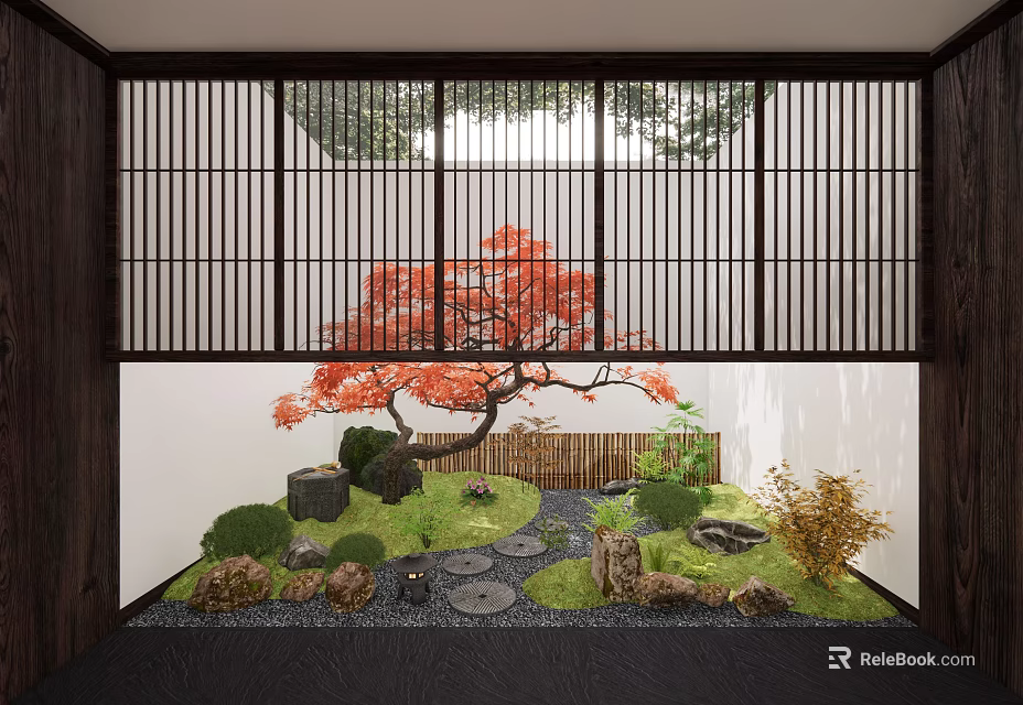Japanese Garden Courtyard With Red Maple Tree Stone Pathway And Wooden Screens 3d model 
