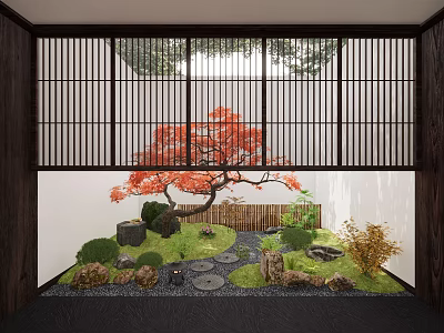 Japanese Garden Courtyard With Red Maple Tree Stone Pathway And Wooden Screens 3d model