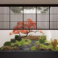 Japanese Garden Courtyard With Red Maple Tree Stone Pathway And Wooden Screens