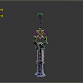 Ornate Mythical Sword With Red Black Hilt And Blue Rune Engraved Blade
