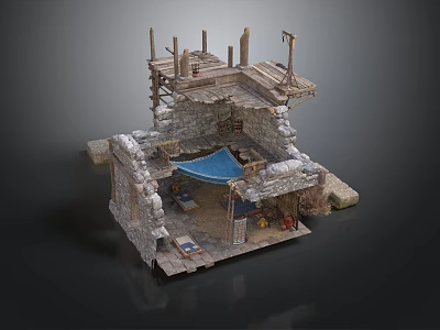 Ruined Stone Building Interior With Wooden Beams Blue Canopy And Scattered Items 3d model
