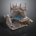 Ruined Stone Building Interior With Wooden Beams Blue Canopy And Scattered Items