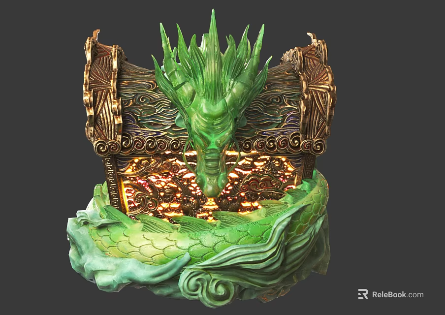 Intricate Green Dragon Head Sculpture With Golden Scroll Like Structures And Glowing Accents 3d model 