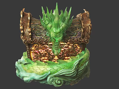 Intricate Green Dragon Head Sculpture With Golden Scroll Like Structures And Glowing Accents 3d model