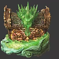 Intricate Green Dragon Head Sculpture With Golden Scroll Like Structures And Glowing Accents