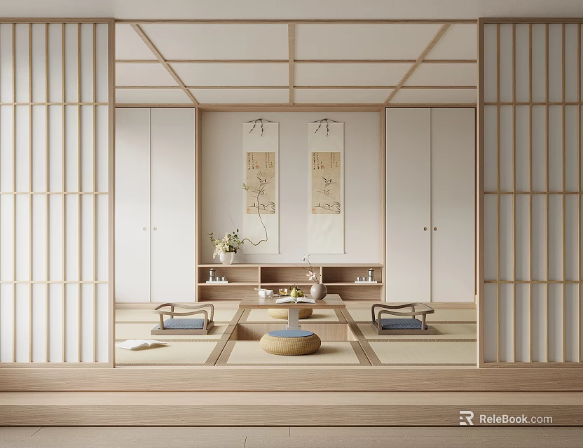 Japanese Style Tea Room Interior Design With Wooden Screens And Tatami Mats 3d model 