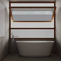 Freestanding White Bathtub In Modern Bathroom With Skylight And Chrome Faucet