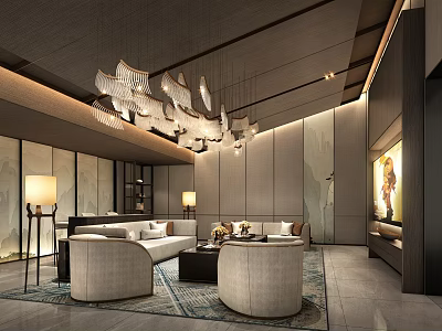 Modern Home Theater Interior Design With White Sofas Round Armchairs Coffee Table And Artistic Chandelier 3d model