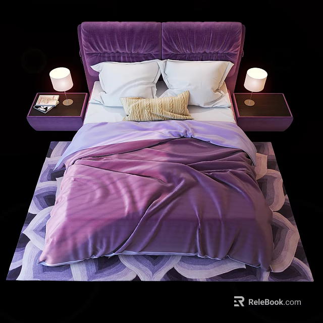 Double Bed With Purple Headboard Nightstands Table Lamps White Pillows Yellow Cushion And Patterned Rug 3d model 