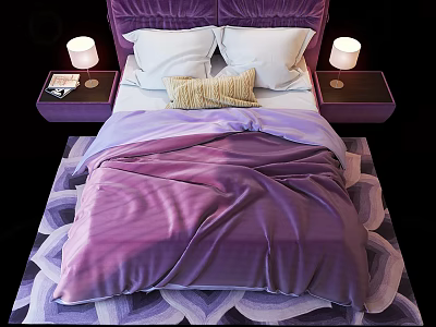 Double Bed With Purple Headboard Nightstands Table Lamps White Pillows Yellow Cushion And Patterned Rug 3d model