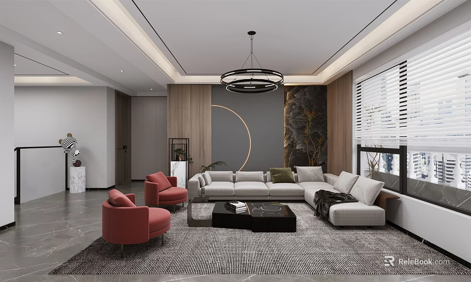 Modern Living Room With Grey Red Sofas Round Chandelier Wooden Accents Rug And Coffee Table 3d model 