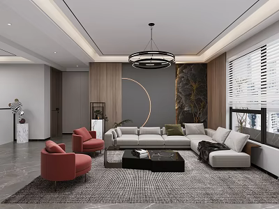 Modern Living Room With Grey Red Sofas Round Chandelier Wooden Accents Rug And Coffee Table 3d model
