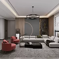 Modern Living Room With Grey Red Sofas Round Chandelier Wooden Accents Rug And Coffee Table
