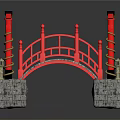 Red Japanese Style Bridge With Black Roofs Stone Bases And Ornate Railings