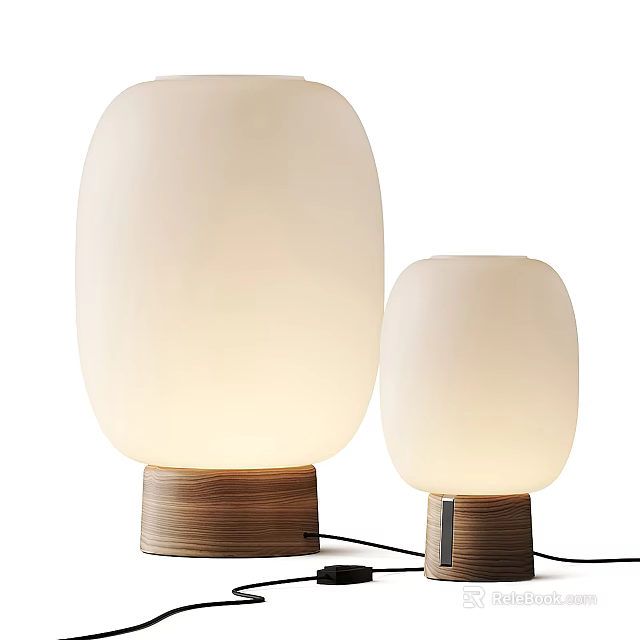 Two Modern Table Lamps With White Frosted Shades And Wooden Bases 3d model 