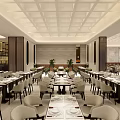 Modern Restaurant Interior With White Grid Ceiling Dining Tables And Spacious Layout