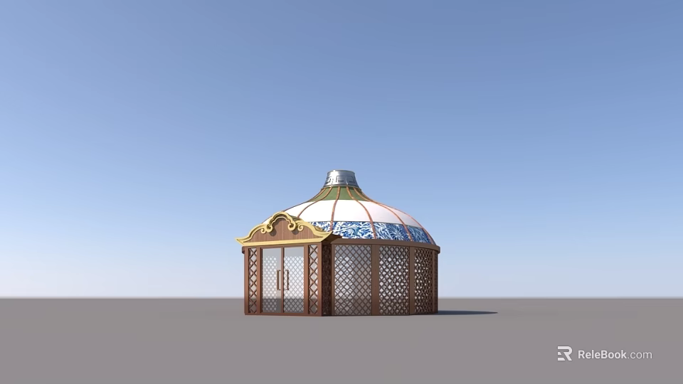Ornate Dome Building With Golden Accents Blue White Motifs And Wooden Latticed Exterior 3d model 