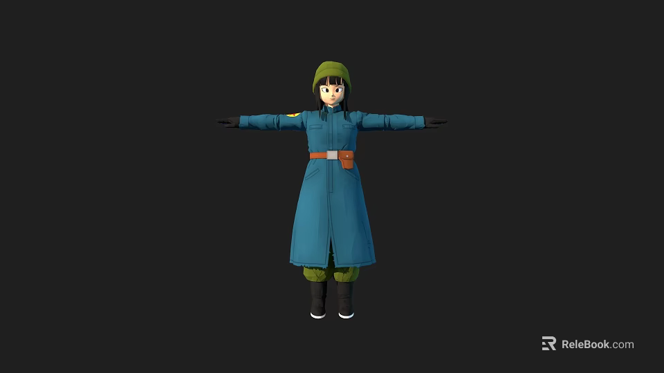 Game Movie Character In Blue Coat Green Hat And Brown Belt With Arms Outstretched 3d model 