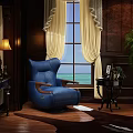 Elegant Blue Leather Massage Chair In Luxurious Room With Large Window And Yellow Curtains