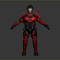 Futuristic Armored Character With Red Black Armor And Twin Swords On Back