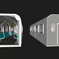 Modern Subway Car Interior With Blue Seats Handrails And Ceiling Lights